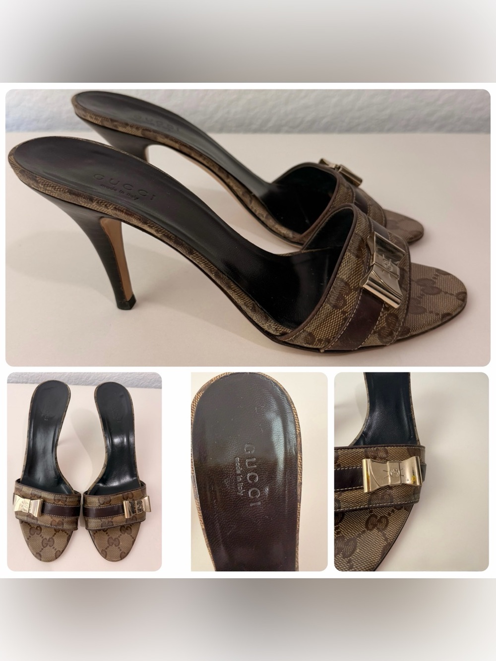 Vintage Gucci GG Monogram Canvas Bow Mule Heels Sandals Gold Tone